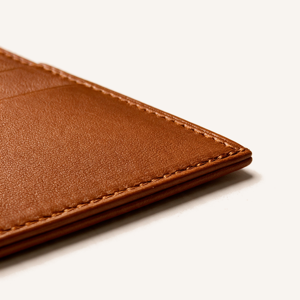 Détail du coin inférieur du porte-cartes OSZI First Touch en cuir d'agneau camel