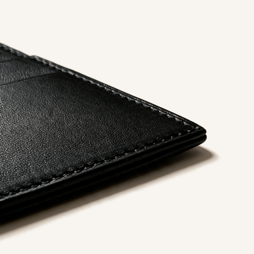 Détail du coin inférieur du porte-cartes OSZI First Touch en cuir d'agneau noir