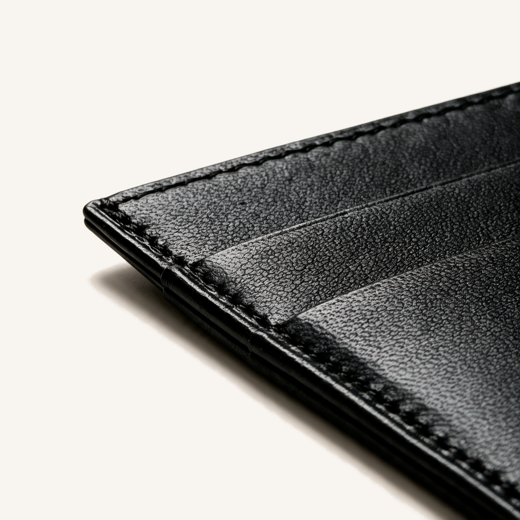 Détail du coin supérieur du porte-cartes OSZI First Touch en cuir d'agneau noir